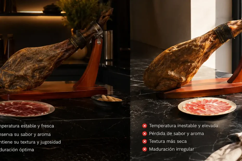 Jamón ibérico protegido de la luz solar directa en interiores