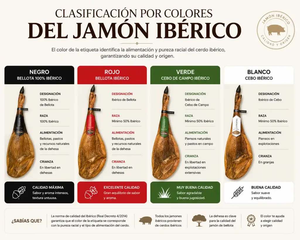 Etiquetas de clasificación del jamón ibérico: negro, rojo, verde y blanco