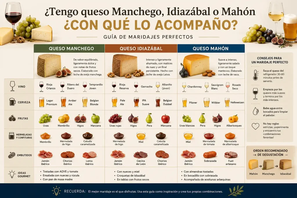 Cómo maridar queso Manchego, Idiazábal y Mahón con vino y cerveza